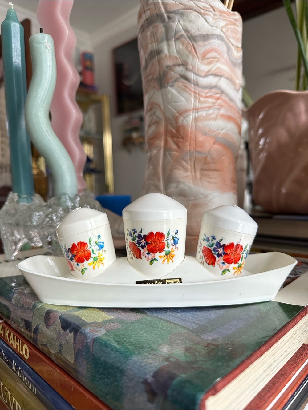 Vintage EMSA West Germany Floral Salt, Pepper, Sugar Set Plastic